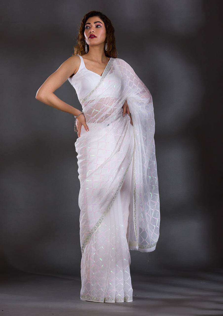 Koshki Sarees: White Heavy Chiffon Georgette with Sequence Work