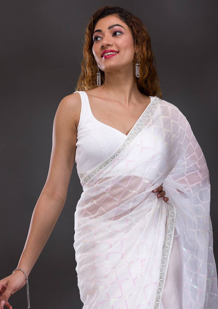 Koshki Sarees: White Heavy Chiffon Georgette with Sequence Work