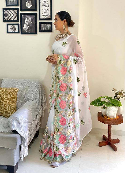 Jodha Sarees: White Heavy Georgette with Multi-Color Embroidery