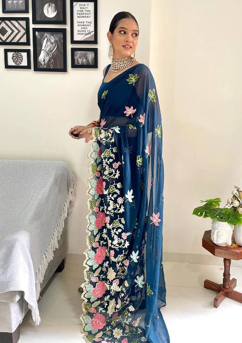 Jodha Sarees: Blue Heavy Georgette with Multi-Color Embroidery