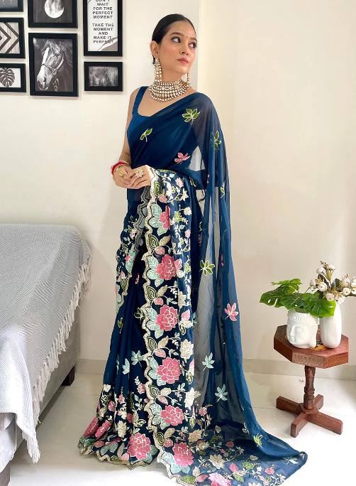 Jodha Sarees: Blue Heavy Georgette with Multi-Color Embroidery