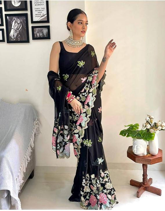 Jodha Sarees: Black Heavy Georgette with Multi-Color Embroidery