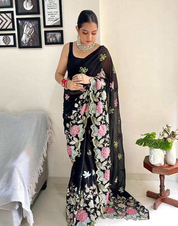 Jodha Sarees: Black Heavy Georgette with Multi-Color Embroidery