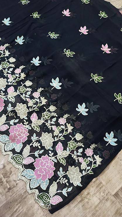 Jodha Sarees: Black Heavy Georgette with Multi-Color Embroidery