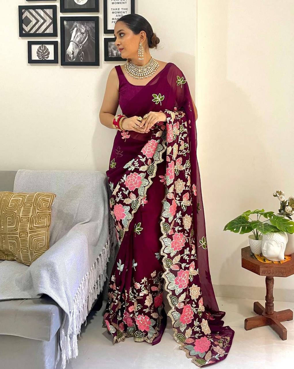 Jodha Sarees: Wine Heavy Georgette with Multi-Color Embroidery