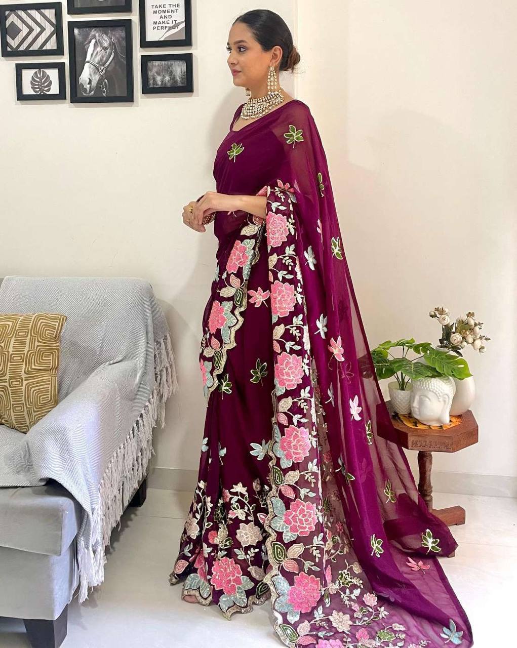 Jodha Sarees: Wine Heavy Georgette with Multi-Color Embroidery