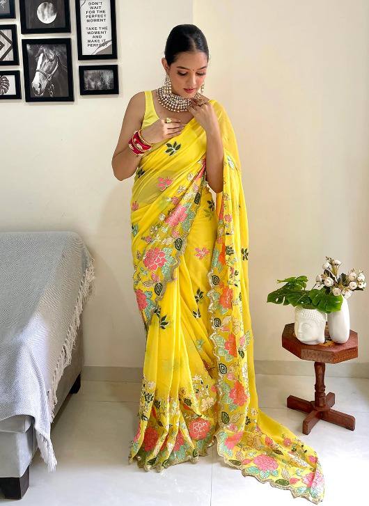 Jodha Sarees: Yellow Heavy Georgette with Multi-Color Embroidery