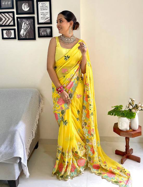 Jodha Sarees: Yellow Heavy Georgette with Multi-Color Embroidery