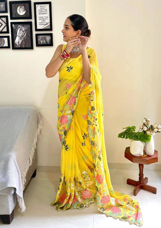 Jodha Sarees: Yellow Heavy Georgette with Multi-Color Embroidery