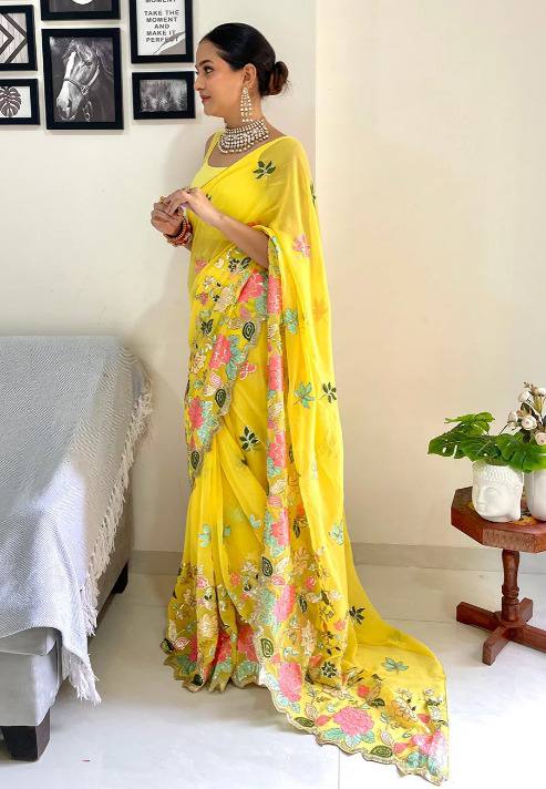 Jodha Sarees: Yellow Heavy Georgette with Multi-Color Embroidery