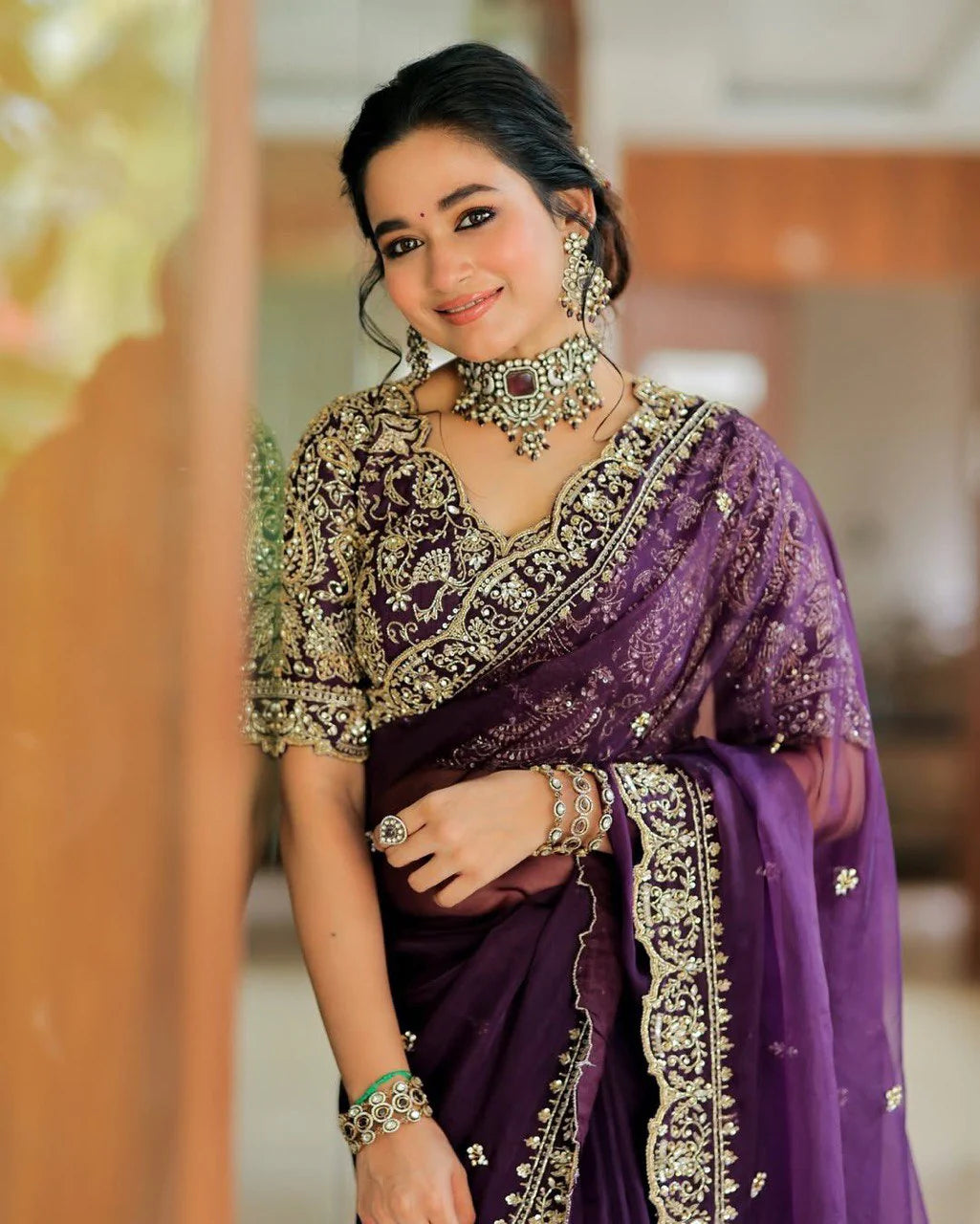 Pure Soft Organza Embroidered Saree Front View