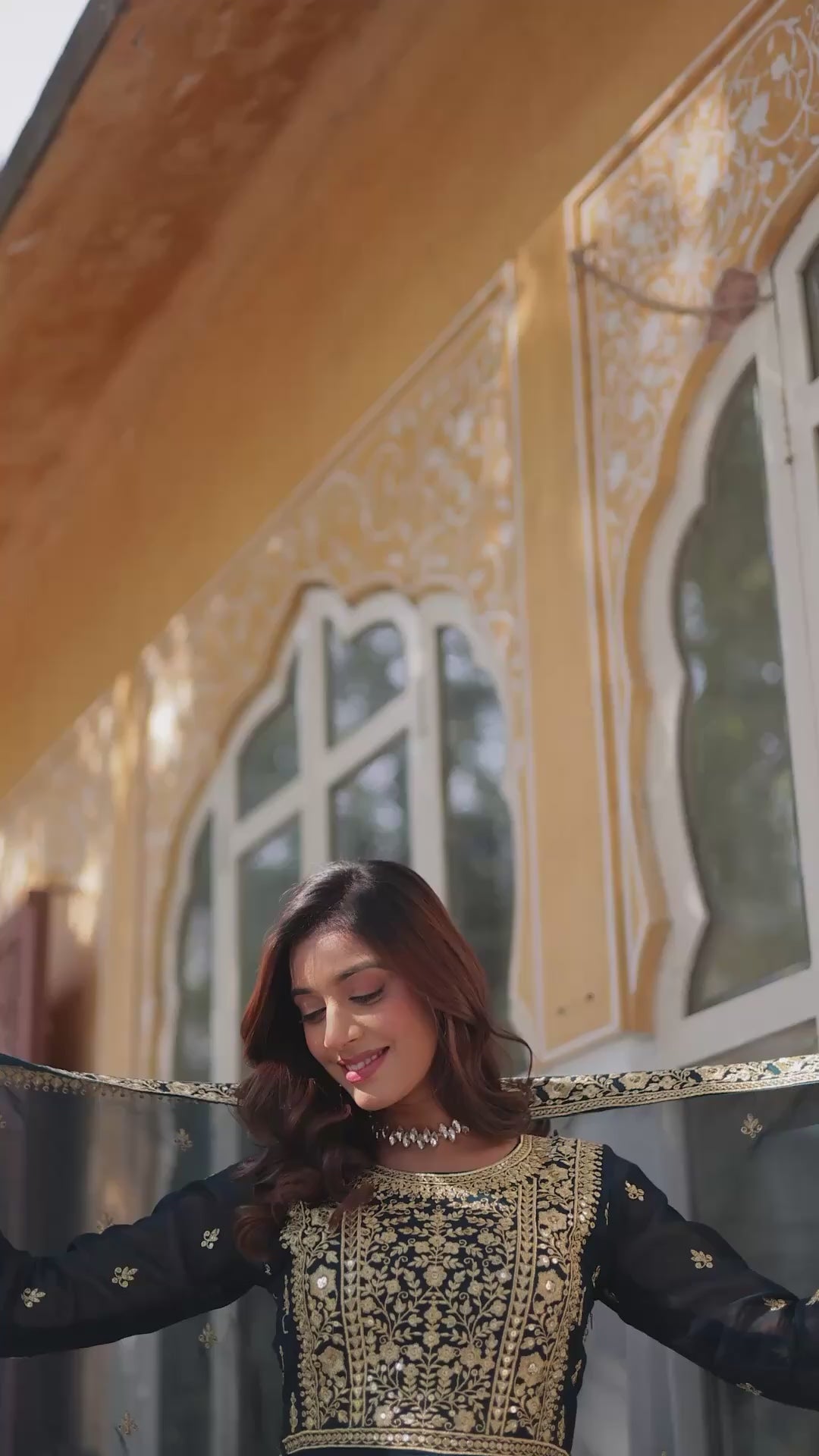 Faux Blooming embroidered gown with zari sequins work and lace border dupatta for women