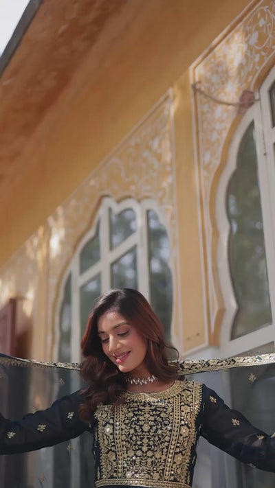 Faux Blooming embroidered gown with zari sequins work and lace border dupatta for women