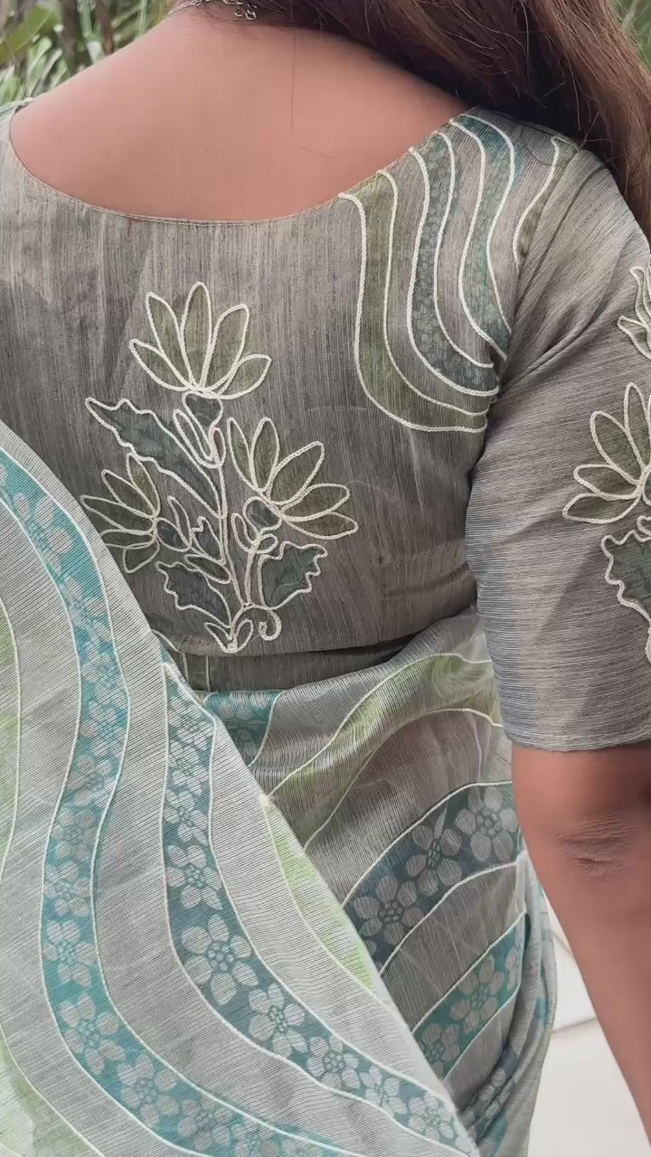 Elegant Linen Copper Zari Cotton Saree with Hand Khatha Work