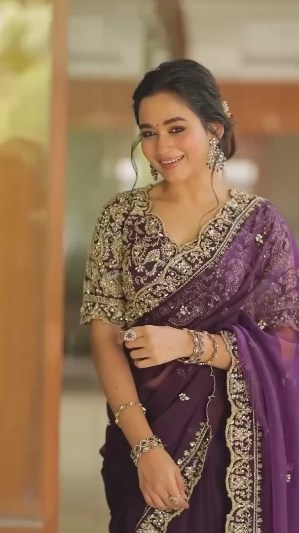 Pure Soft Organza Embroidered Saree Front View