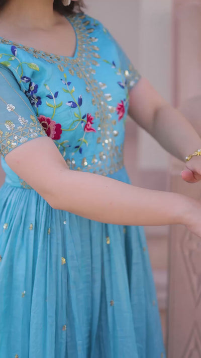 Gold Crush Zari Sequins Gown for Women – Premium Ethnic Party Wear with Cotton Inner and Short Sleeves