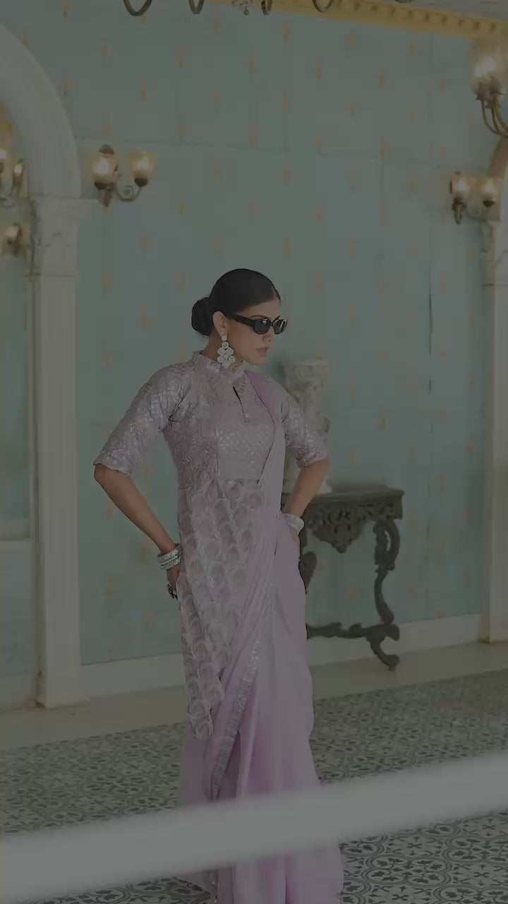 Chinon ready to wear embroidered saree with lace border