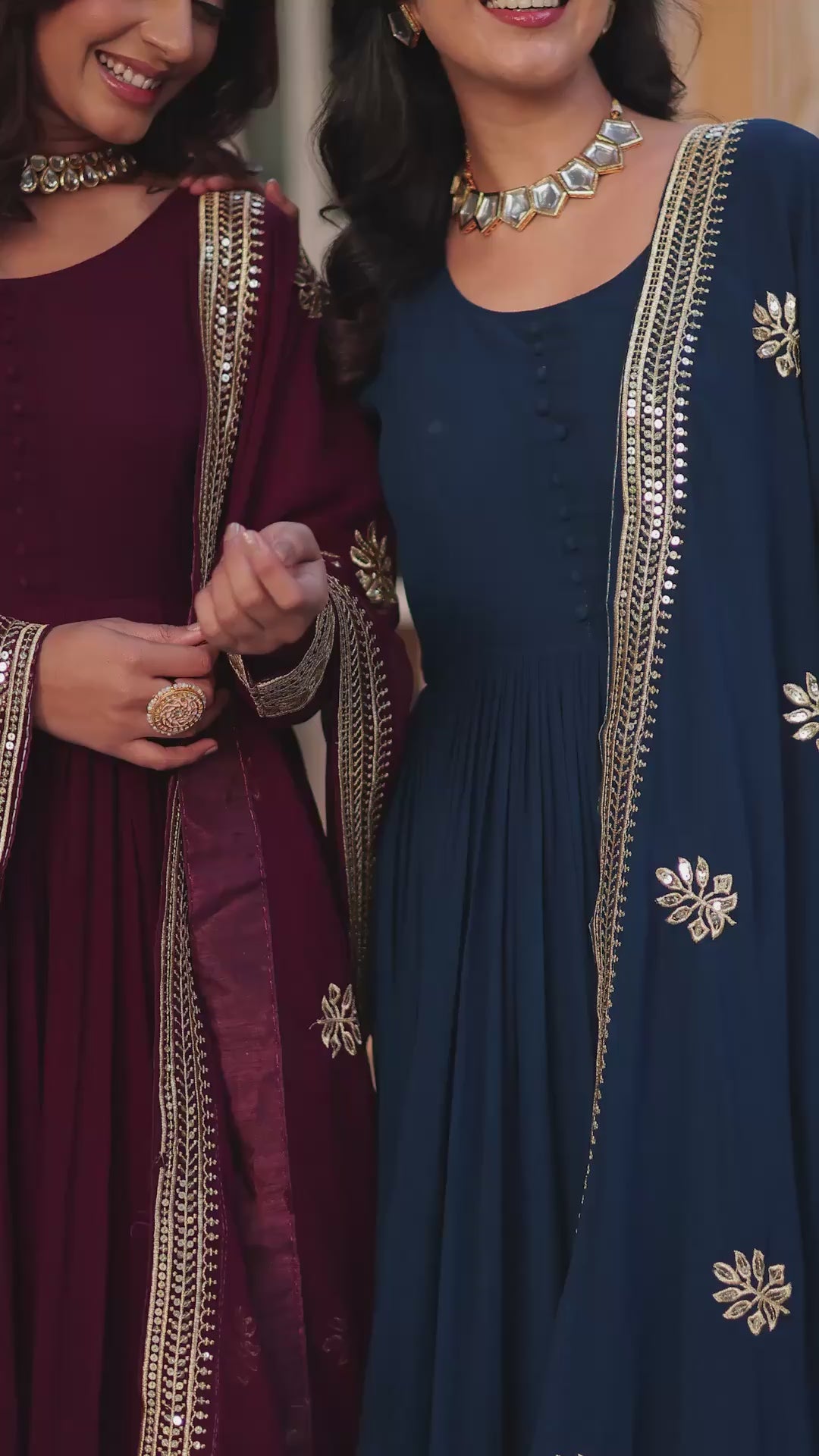 Front view of faux blooming embroidered sequin gown with dupatta