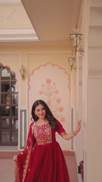 Faux Blooming Embroidered Zari Sequins Work Gown with Dupatta and Designer Lace Border