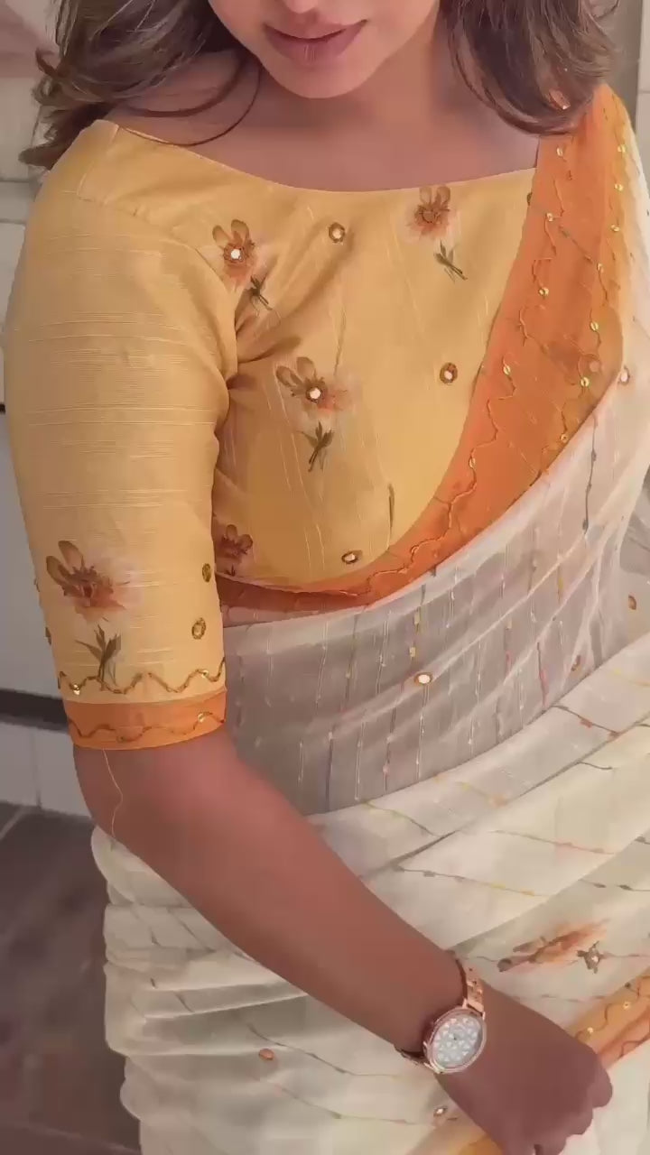 Gadhwal Linen Cotton Saree with Hand Katha Thread Work