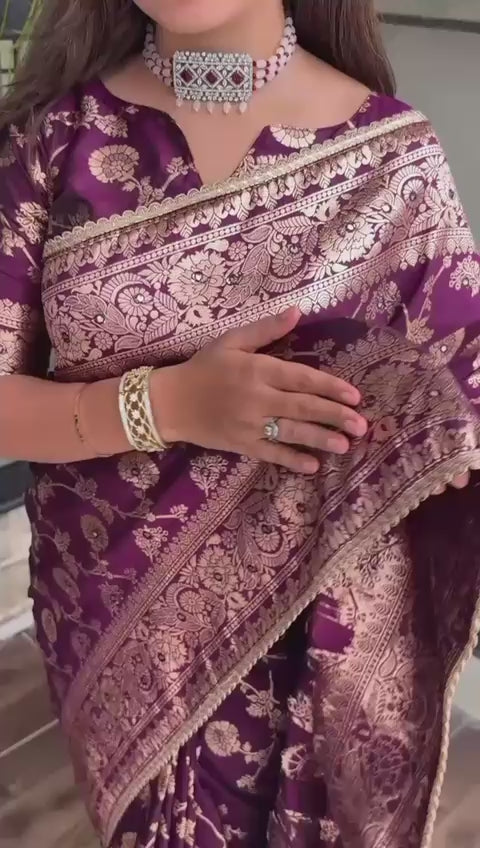 this Banarasi Silk Saree is designed to make your festive moments shine.
Featuring zari jacquard weaving