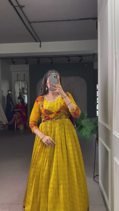 ✨ Elegant Printed Chanderi Gown with Stylish Koti ✨