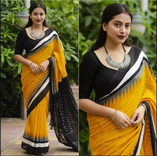 Pure Linen Yellow N Black Color Saree with Digital Print in Traditional Design