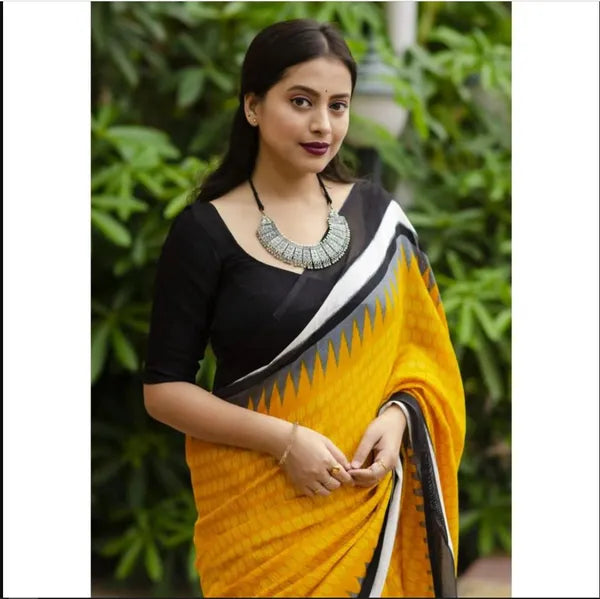 Pure Linen Yellow N Black Color Saree with Digital Print in Traditional Design