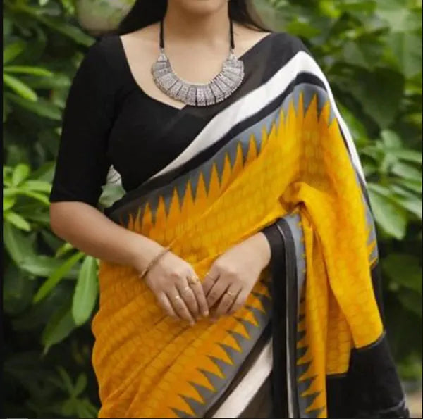 Pure Linen Yellow N Black Color Saree with Digital Print in Traditional Design